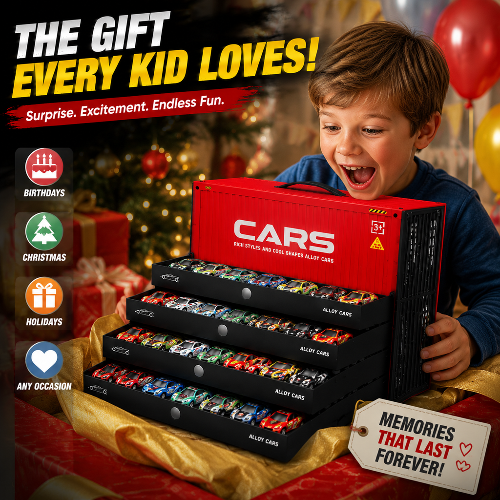 🚗 48PCS Pull-Back Alloy Racing Car Set | 4-Layer Garage Storage & Racing Track Play Mat 🎁