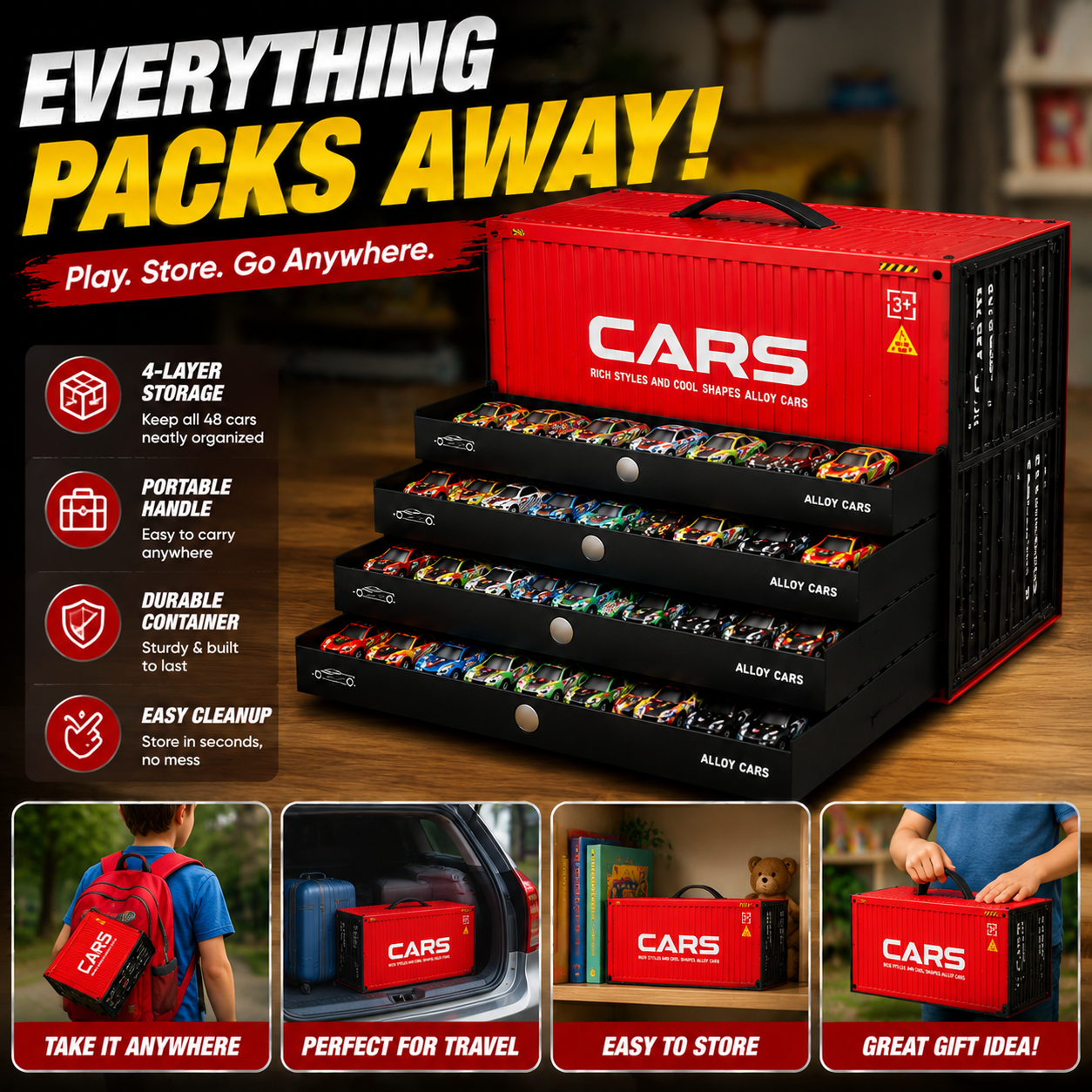🚗 48PCS Pull-Back Alloy Racing Car Set | 4-Layer Garage Storage & Racing Track Play Mat 🎁