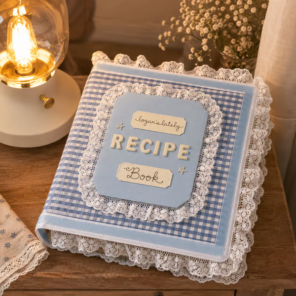 Handmade Blue Gingham Recipe Book – Lace-Trimmed Seasonal Recipe Organizer & Kitchen Keepsake