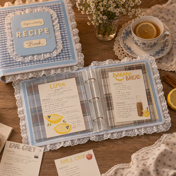 Handmade Blue Gingham Recipe Book – Lace-Trimmed Seasonal Recipe Organizer & Kitchen Keepsake