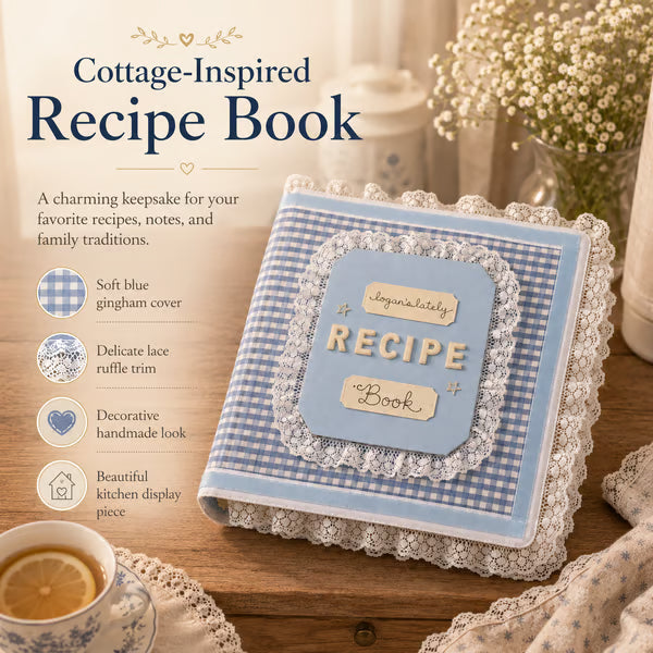 Handmade Blue Gingham Recipe Book – Lace-Trimmed Seasonal Recipe Organizer & Kitchen Keepsake