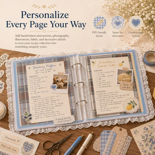 Handmade Blue Gingham Recipe Book – Lace-Trimmed Seasonal Recipe Organizer & Kitchen Keepsake