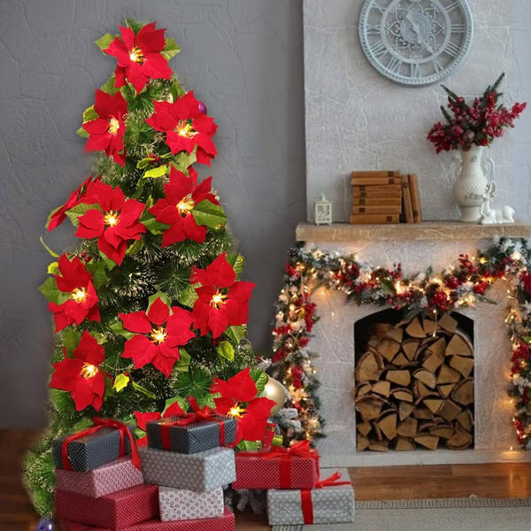 32.8 FT Lighted Christmas Poinsettia Garland with Red Flowers & Berries, Battery-Operated Holiday String Lights for Xmas & New Year Home Decor