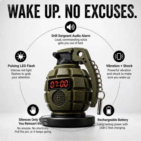 Grenade Alarm Clock with Interactive Safety Ring Deactivation; Military Tactical Style with Powerful Sound Alarm for Men and Teens