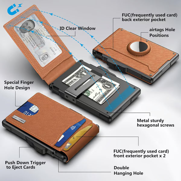 ✨AirTag Wallet for Men - with Pop Up Aluminum Case Money Clip Slim Leather Slots Credit Card Holder RFID Blocking Bifold Minimalist Wallet