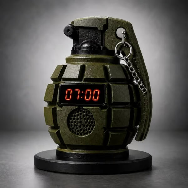 Grenade Alarm Clock with Interactive Safety Ring Deactivation; Military Tactical Style with Powerful Sound Alarm for Men and Teens